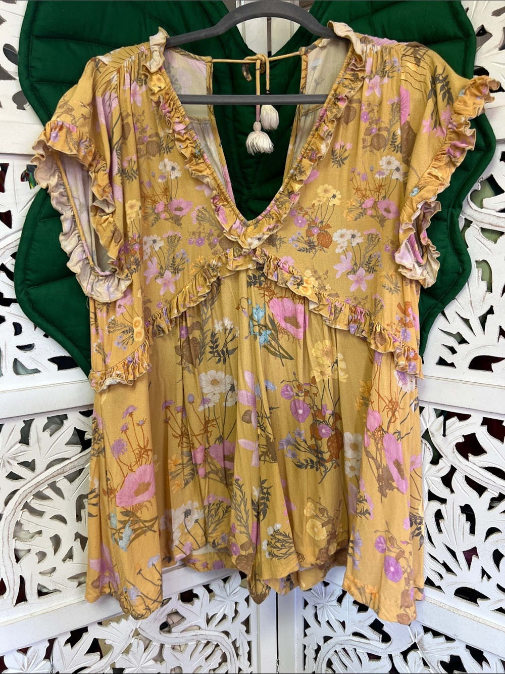 Spell and the Gypsy mustard yellow and pink floral romper, ruffles, size S.